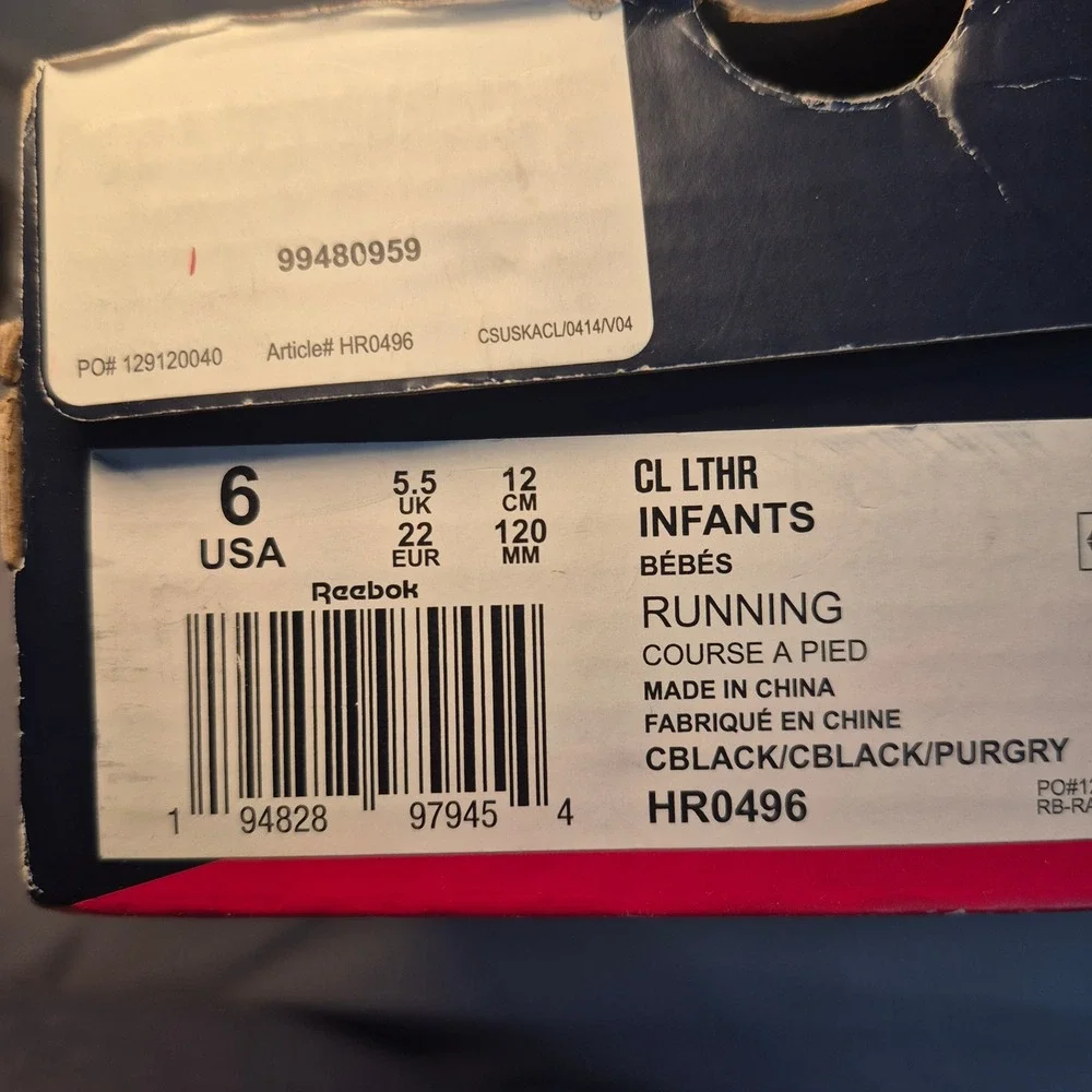 Reebok Classic Leather Infants Black Running Shoes HR0496 Size 6 USA Kids